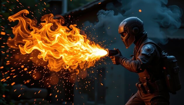 A flame thrower unleashing a torrent of fire, surrounded by sparks and smoke.