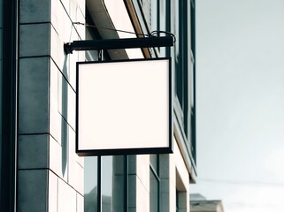 A mockup of an empty, blank white square billboard sign hanging on the side wall of a modern architectural structure, with a black frame and bright lighting