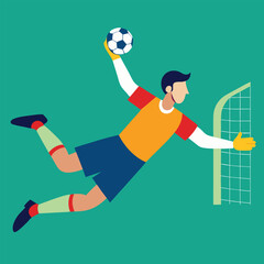 Fototapeta premium A cartoon vector illustration shows a soccer player boy kicking the ball in a fun game
