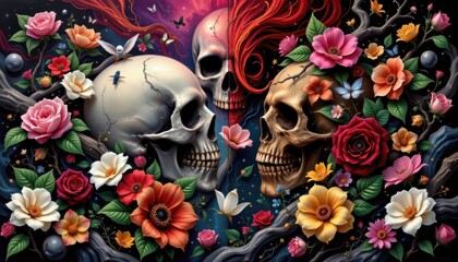 A dramatic painting of the cycle of life and death, illustrated with skulls, flowers, and surreal elements overlapping in harmony.