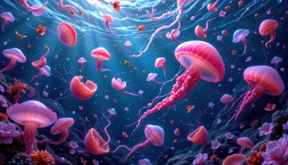 A mystical underwater landscape with swirling currents and colorful jellyfish pulsating rhythmically with the water.