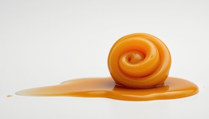 Golden caramel slowly dripping from a swirl of candy against a stark white backdrop.