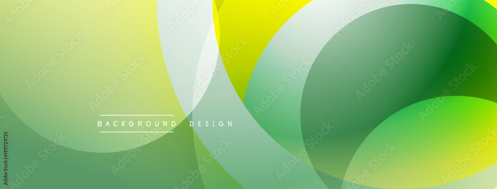 Poster Abstract background features overlapping circles, gradients. Colors range from yellow to green, creating smooth transitions. Minimalist design.