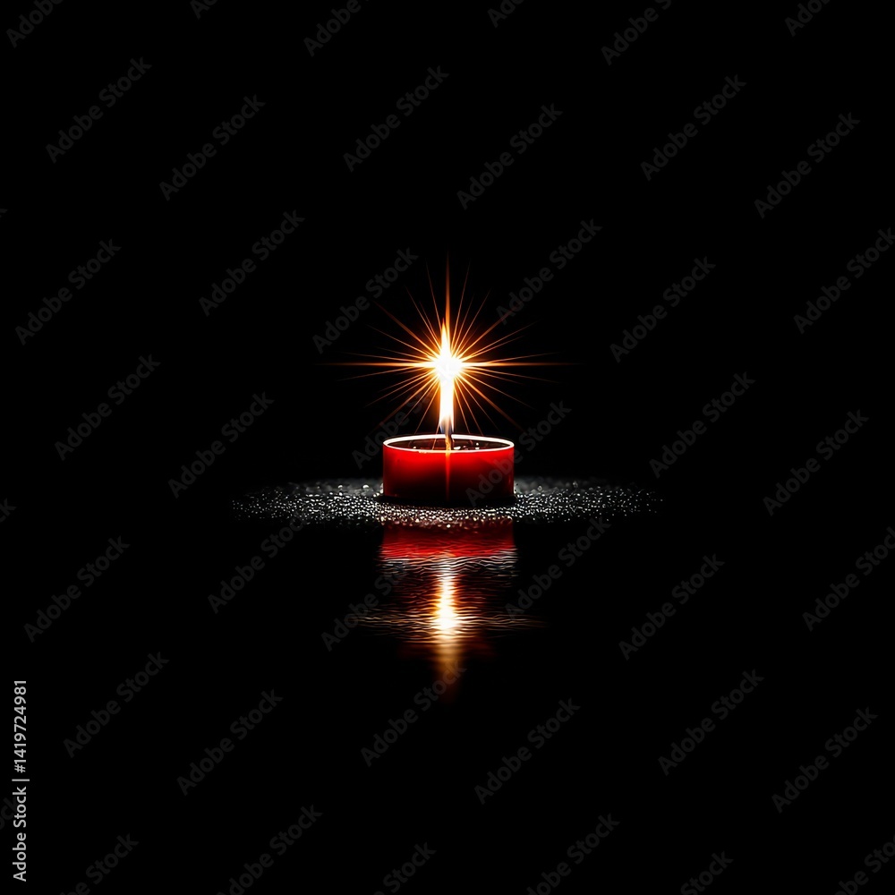 Poster A Single Point of Light: A Red Candle Illuminating Darkness with Reflection on a Bed of Sparkling Crystals