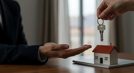 A real estate agent handing over keys to a new homeowner, symbolizing property ownership, successful transactions, and the start of a new chapter in real estate.