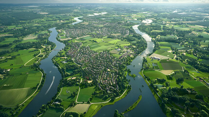 Fototapeta premium Aerial View Of Winding River And Green Fields Surrounding A Town