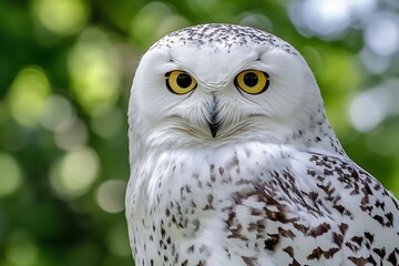 Fototapeta premium Snowy Owl Portrait Showcasing White Plumage Yellow Eyes Against Green Bokeh Background