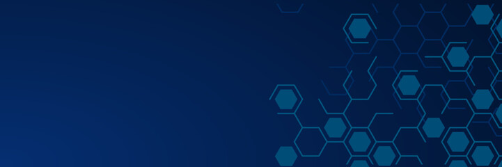 banner design with a modern abstract theme. with dark blue gradations and a pattern of interconnected hexagons
