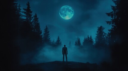 Man Contemplating Moonlit Misty Forest