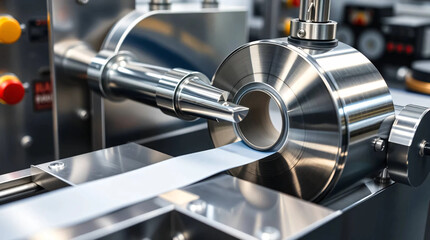 Modern rotary die cutting machine with slitting blade for manufacturing duct and packing tape in factories Industrial technology concept