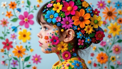 Fototapeta premium A child's profile filled with vibrant flower patterns and bright colors, symbolizing imagination.