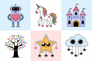 Childish illustrations of a robot, unicorn, castle, tree, star, and cloud.