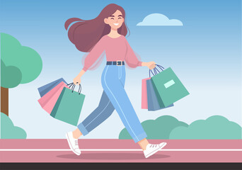 A woman is walking happily holding shopping bags. young man is wrestling with his favorite French bulldog.