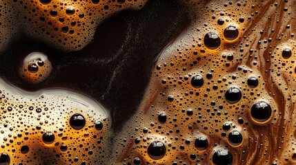 dark espresso with a thick golden crema, tiny bubbles forming delicate swirls on the surface, a macro and full-frame texture shot, close-up texture, top view