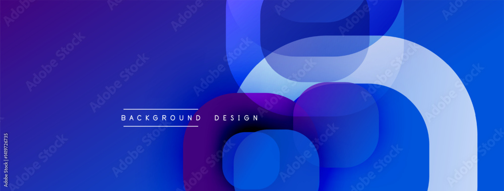Poster Abstract background features overlapping translucent shapes. Blue, purple hues create modern visual effect. Minimalist design.