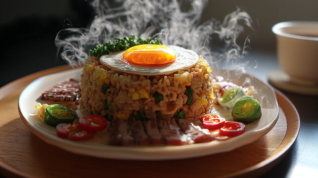Japanese-style fried rice with egg and chashu steam