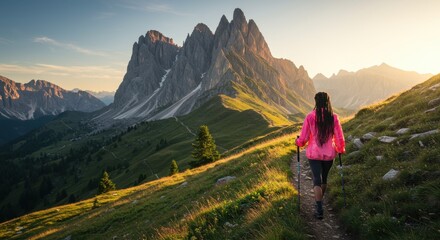 Fototapeta premium Woman Hiking Majestic Mountain Trail at Sunrise