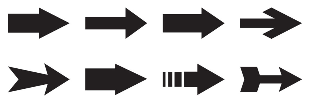 Arrow icons set. Simple arrow big set. Arrow collection. Black arrow forward. Straight pointed arrow icon. Black arrow pointing to the right. Black direction pointer. Vector illustration. 