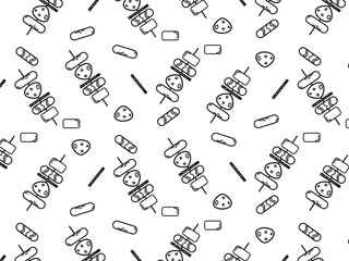 Skewered grilled seamless pattern with greens vegetable, cheese slice, sausages and meats. Doodle Cute cartoon skewered grilled background.  