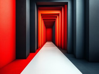 Abstract Red and Black Corridor: A Minimalist Perspective, Featuring Symmetrical Lines, Contrasting Hues, and Geometric Architecture in a Modern Design.