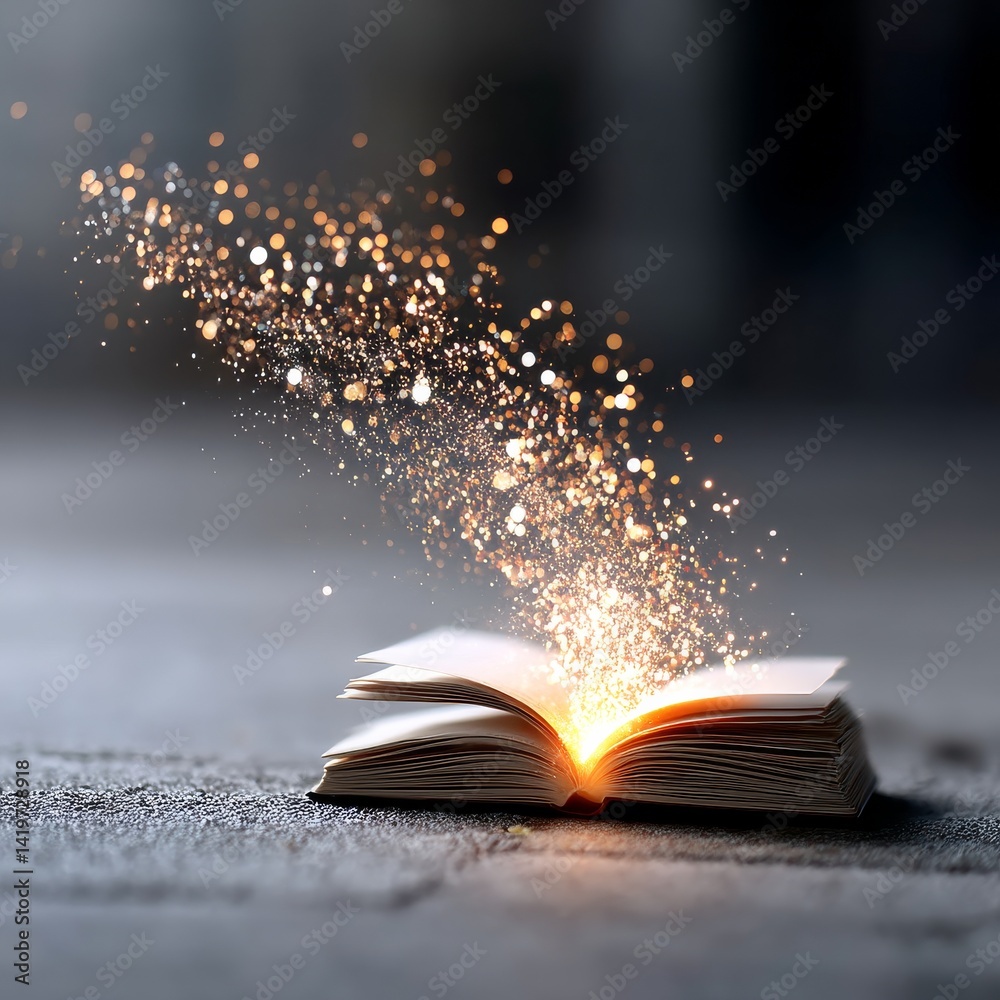 Aufkleber Unleashing Knowledge: Open Book with Sparkling Light Emanating from Pages,  Inspiring Imagination and Discovery