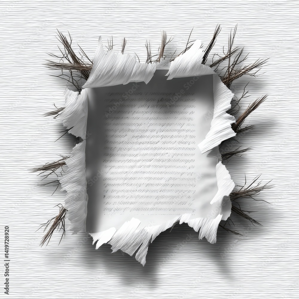 Aufkleber Torn White Paper Revealing Script, Framed by Twigs on Textured Surface - A Visual Metaphor for Hidden Stories and Natural Inspiration