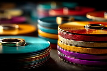Vibrant Stacks of Colorful Discs with Reflective Surfaces