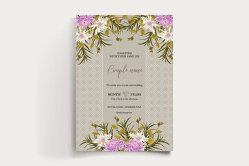WEDDING INVITATION FRAME WITH FLOWER DECORATIONS AND FRESH LEAVES