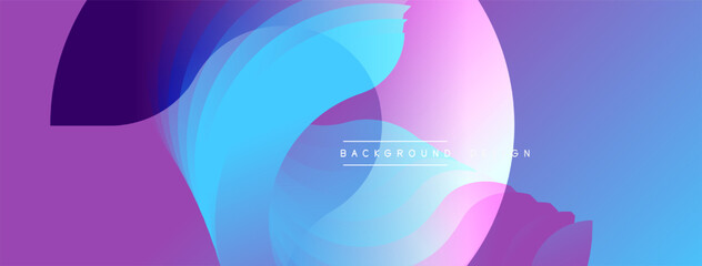 Abstract fluid shapes blend, creating vibrant purple, blue, pink gradients. Modern design evokes movement, energy, smooth transitions.