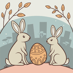 A charming illustration of two rabbits sitting atop a grassy knoll, against a backdrop of a stylized city skyline.
