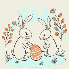 A charming illustration of two rabbits sitting atop a grassy knoll, against a backdrop of a stylized city skyline.