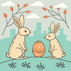 A charming illustration of two rabbits sitting atop a grassy knoll, against a backdrop of a stylized city skyline.
