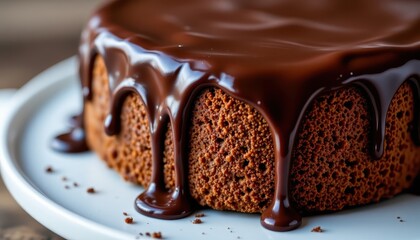 Thick, dark chocolate melting down the sides of a cake, creating a glossy finish.