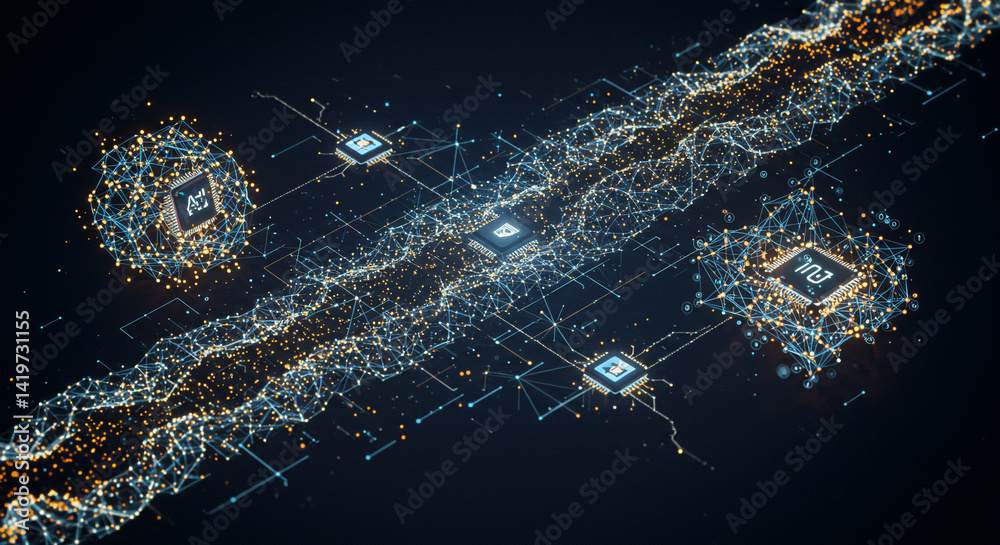 Wall mural digital network with interconnected nodes and microchips on a dark blue background illustration