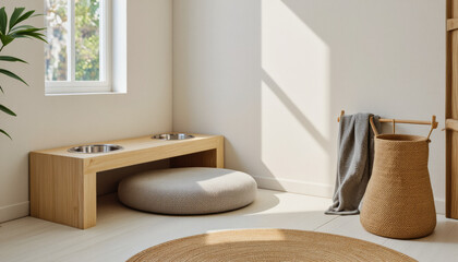 Naklejka na ściany i meble Modern interior design architecture photography: Sunlight streams into a minimalist interior featuring a pet feeding station, a round cushion, a woven basket, and a textured rug, creating a serene a