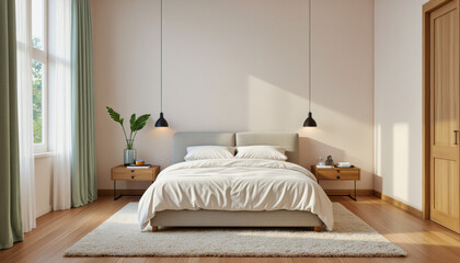 Modern interior design architecture photography: Sunlight streams into a serene bedroom, illuminating a neutral-toned space featuring a bed with soft linens, minimalist pendant lights, and a large w