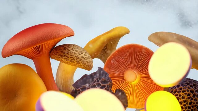 A group of colorful illuminated mushrooms on a changeable background are decorated with rings of sliced ​​mushrooms falling on them