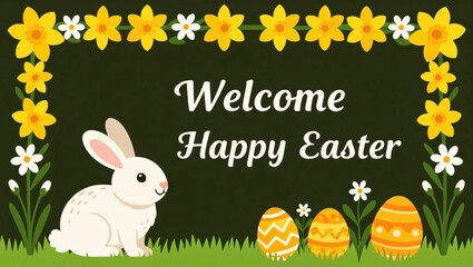 A cheerful Easter-themed illustration featuring a rabbit, colorful eggs, and vibrant flowers, welcoming viewers with a festive message.