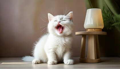 口を開けているかわいい子猫、眠いのであくびをしている様子の写真