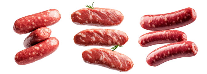 Set of raw pork sausages isolated on white background, concept of culinary ingredients.