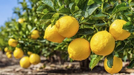 Bright yellow lemons tumbling from a tree, some on the ground below - lemons ripe dropping
