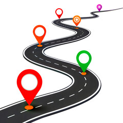 A 3D illustration of a winding road with colorful markers, representing different milestones or stages in a journey.