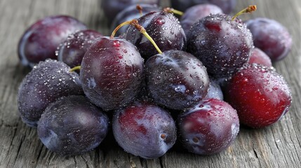 Fototapeta premium Deep purple plums arranged artfully on a wooden surface - culinary texture artful