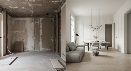 Transformation: A stark before and after of a room renovation showcasing elegant design