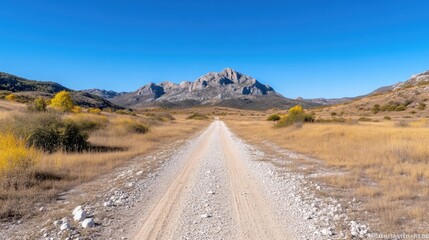 Fototapeta premium Gravel Road Mountainous Landscape Serene Natural Style High-Resolution Panoramic View Dry Grass Leading to Peaks Journey Autumnal Hues Perfect for Travel Brochures