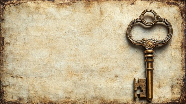 Vintage old brass key with intricate design and antique appearance on aged parchment background, giving a sense of history, mystery, and timeless craftsmanship