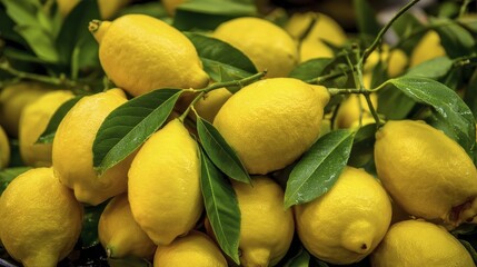 Pile of bright yellow lemons, some with leaves still attached, emphasizing freshness - ripe background whole unpeeled