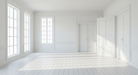 Fototapeta premium Bright interior showcasing open door and light-filled modern architecture