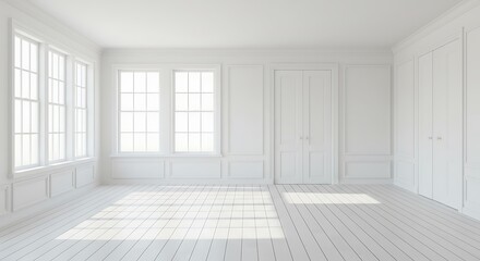 Obraz premium Bright all-white room with natural light beaming through grid-pane windows