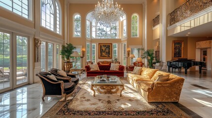 Fototapeta premium Elegant living room with chandelier and piano view